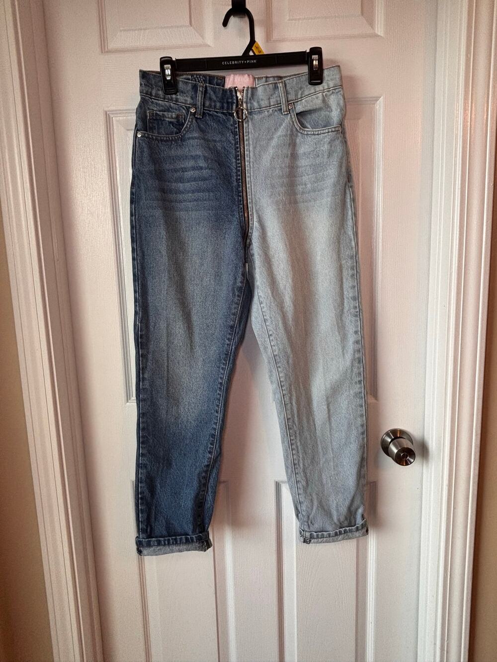 Y2K YingYang REVICE Women Size 28 Split Denim High Rise Jeans Front Back Zipper